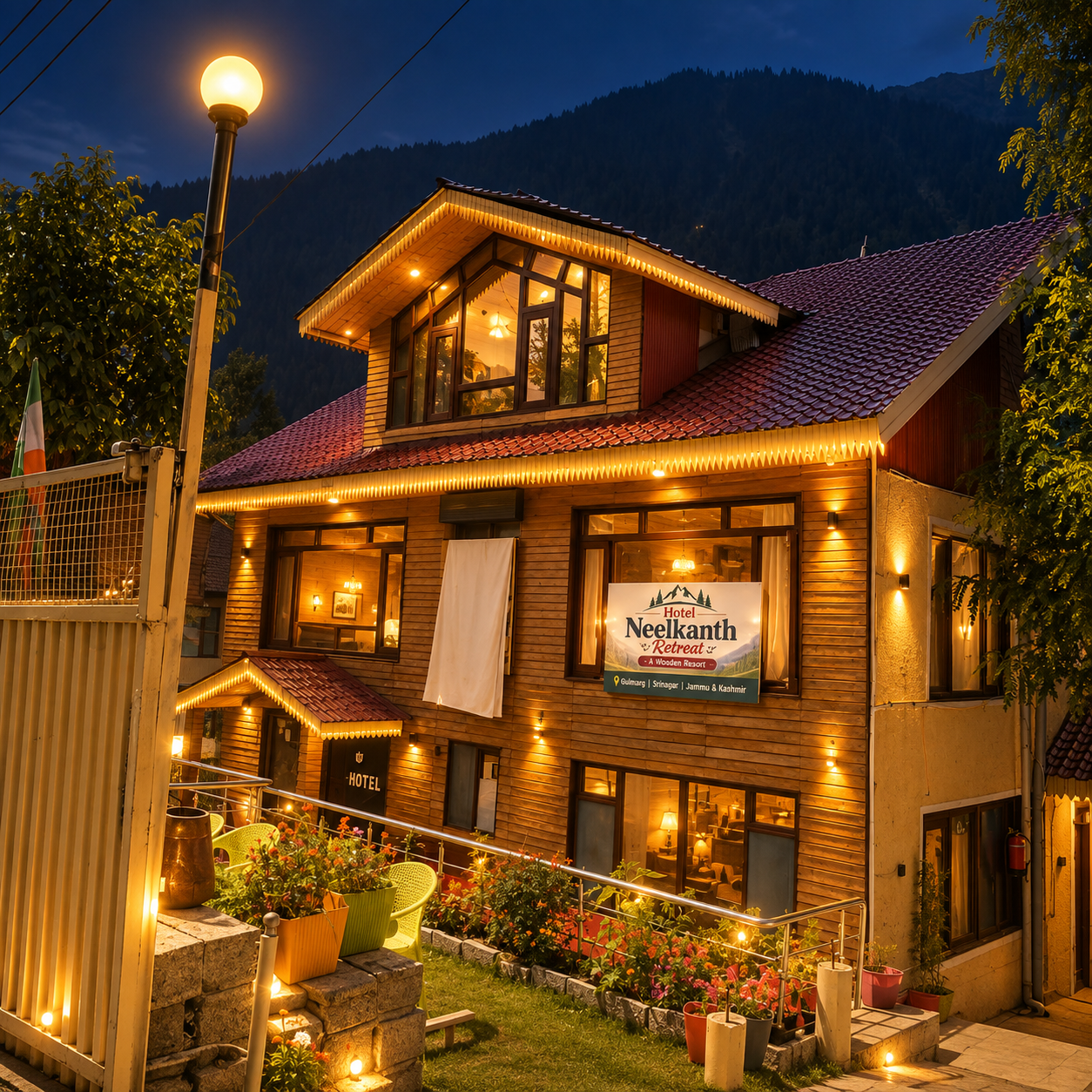 Hotel exterior at evening